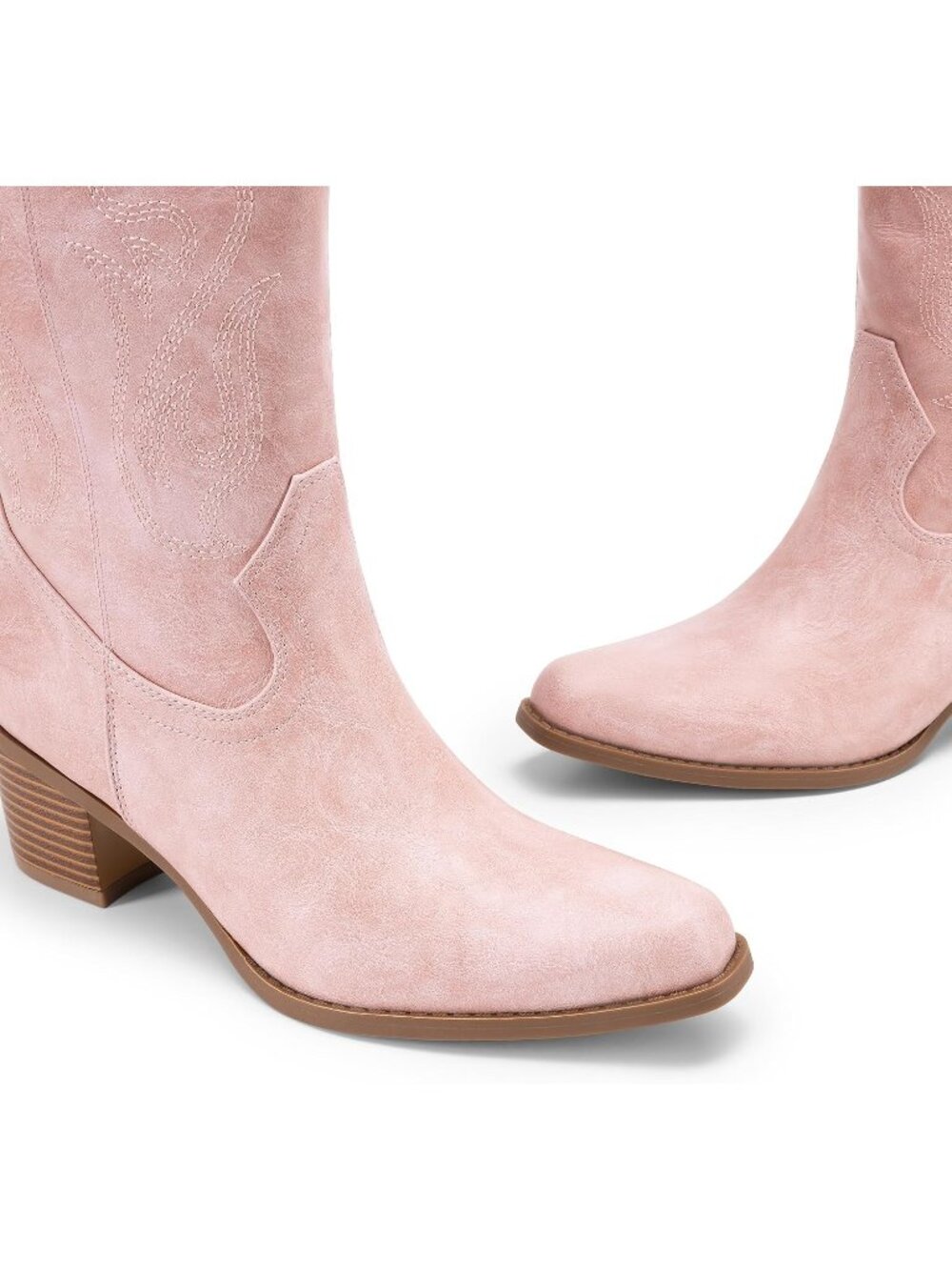 Women's Pink Faux Leather Comfort Square Toe Mid Calf Western Cowgirl Boots - Picture 2 of 6